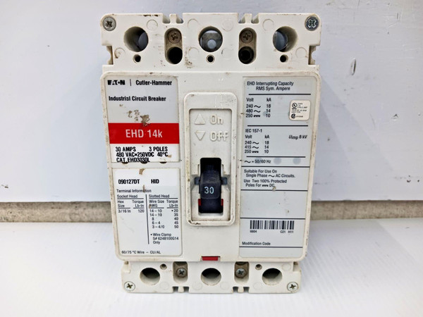 EATON CUTLER HAMMER 30 AMP CIRCUIT BREAKER 3 POLE 480 VAC / 250 VDC EHD3030L
