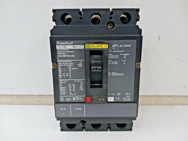 Square D PowerPact 70 Amp Circuit Breaker 3 Pole 600 VAC / 250 VDC HJL36070AABC
