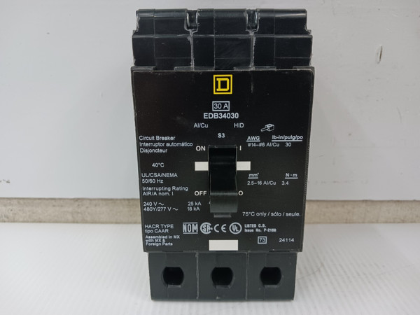 Square D 30 Amp Bolt-On Circuit Breaker 3 Pole 480Y/277 VAC 18kA EDB34030