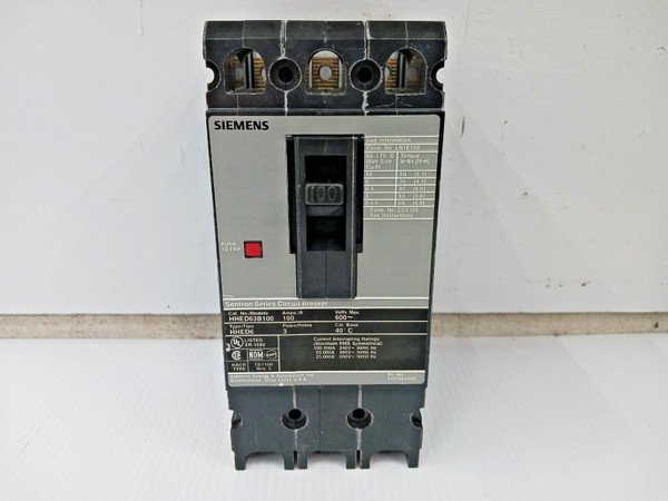 Siemens Sentron 100 Amp Circuit Breaker 3 Pole 600 VAC 65kA HHED63B100 Siemens Sentron 100 Amp Circuit Breaker 3 Pole 600 VAC 65kA HHED63B100