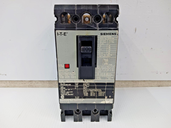 Siemens ITE Sentron 100 Amp Circuit Breaker 3 Pole 600 VAC 30kA HED63B100