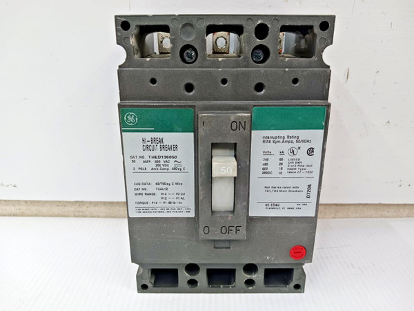 GE 50 Hi-Break Circuit Breaker 3 Pole 600 VAC / 250 VDC 25kA THED136050