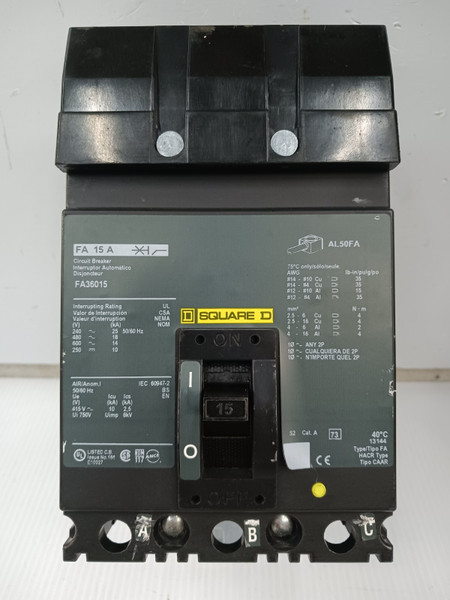 Square D 15 Amp I-Line Circuit Breaker 3 Pole 600 VAC / 250 VDC FA36015 *Green*