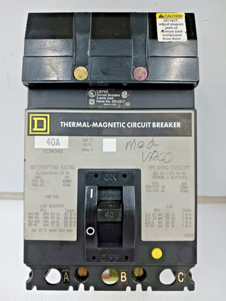 Square D 40 Amp I-Line Thermal-Magnetic Circuit Breaker 3P 480 VAC 65kA FC34040 Square D 40 Amp I-Line Thermal-Magnetic Circuit Breaker 3P 480 VAC 65kA FC34040