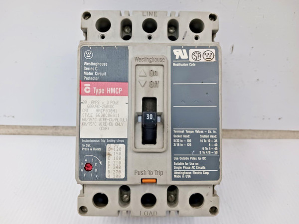 Westinghouse 30 Amp Motor Circuit Protector 3 Pole 600 VAC / 250 VDC HMCP030H1