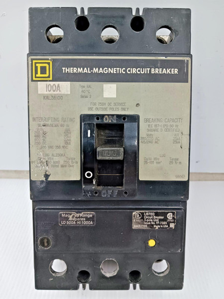 Square D 100 Amp Thermal-Magnetic Circuit Breaker 3 Pole 600 VAC 25kA KAL36100 Square D 100 Amp Thermal-Magnetic Circuit Breaker 3 Pole 600 VAC 25kA KAL36100
