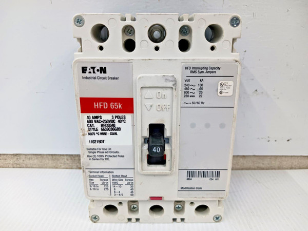 Eaton 40 Amp Industrial Circuit Breaker 3 Pole 600 VAC / 250 VDC 65kA HFD3040