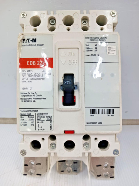 Eaton 225 Amp Circuit Breaker 3 Pole 240 VAC / 125 VDC 22kA EDB3225BP10
