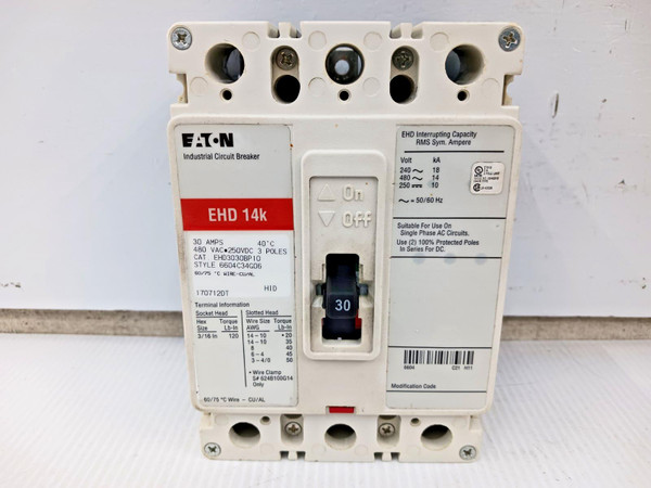 Eaton 30 Amp Circuit Breaker 3 Pole 480 VAC / 250 VDC 14kA EHD3030BP10