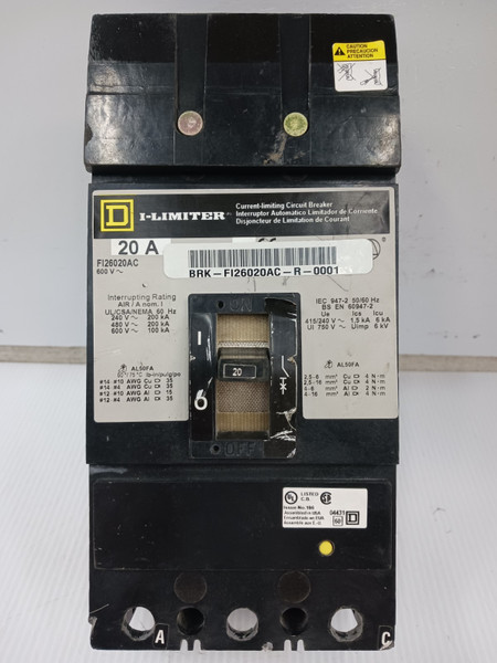 Square D 20 Amp I-Line Current-Limiting Circuit Breaker 2P 600V FI26020AC *Flaw* Square D 20 Amp I-Line Current-Limiting Circuit Breaker 2P 600V FI26020AC *Flaw*
