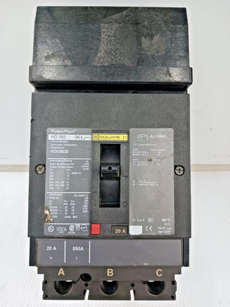 Square D PowerPact 20 Amp I-Line Circuit Breaker 3 Pole 600 VAC 18kA HDA36020 Square D PowerPact 20 Amp I-Line Circuit Breaker 3 Pole 600 VAC 18kA HDA36020