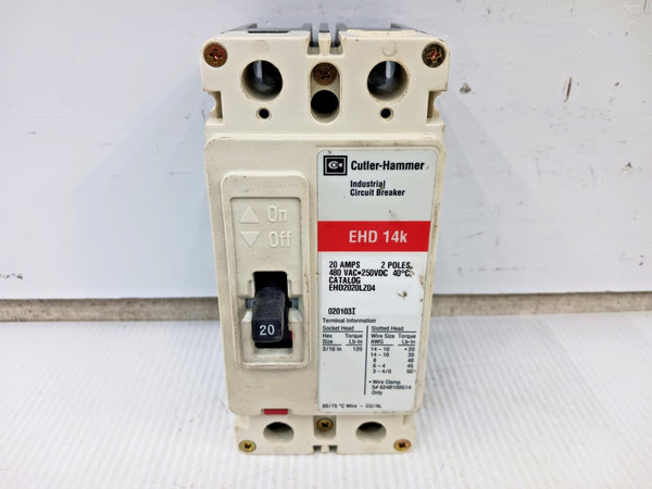 Cutler Hammer 20 Amp Circuit Breaker 2 Pole 480 VAC / 250 VDC 14kA EHD2020LZ04