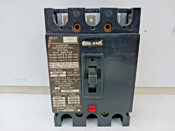 Eaton Cutler Hammer 20 Amp Circuit Breaker 3 Pole 480 VAC / 250 VDC 14kA EHC3020