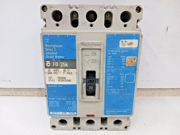 Westinghouse 20 Amp Circuit Breaker 3 Pole 600 VAC / 250 VDC 25kA FD3020
