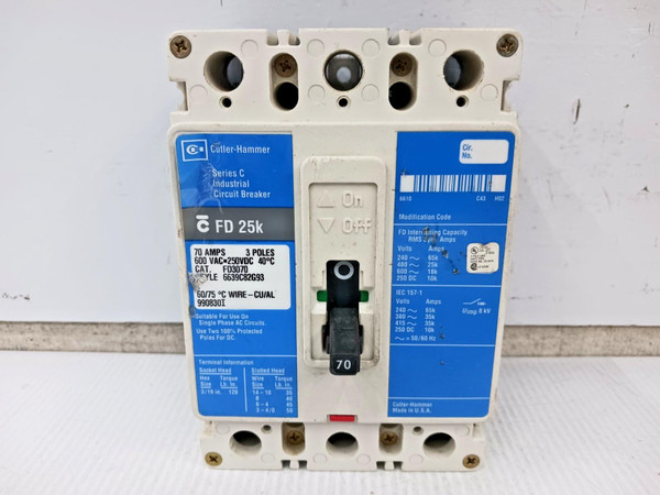 Cutler Hammer 70 Amp Circuit Breaker 3 Pole 600 VAC / 250 VDC 25kA FD3070