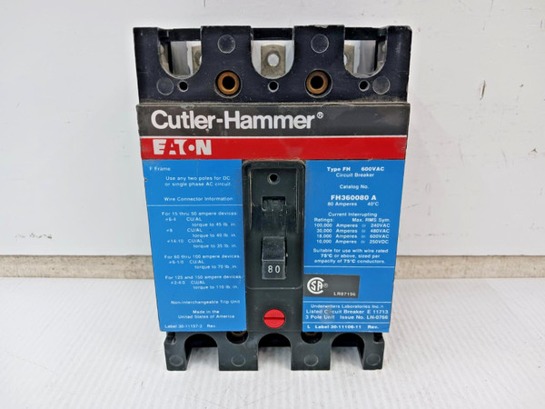 Eaton / Cutler Hammer 80 Amp Circuit Breaker 3 Pole 600 VAC 30kA FH360080A *Flaw