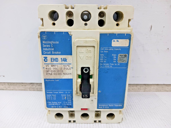 Westinghouse 15 Amp Circuit Breaker 3 Pole 480 VAC / 250 VDC 14kA EHD3015