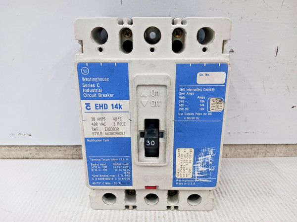 Westinghouse 30 Amp Circuit Breaker 3 Pole 480 VAC / 250 VDC 14kA EHD3030 *Flaw*
