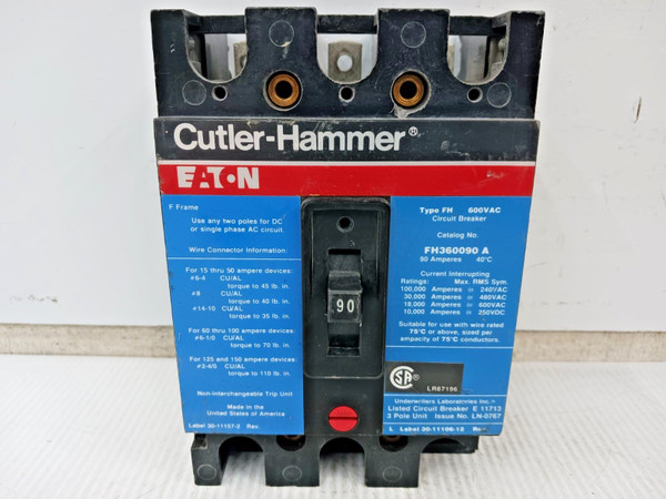 Eaton 90 Amp Circuit Breaker 3 Pole 600 VAC / 250 VDC 30kA FH360090A *Flaw* Eaton 90 Amp Circuit Breaker 3 Pole 600 VAC / 250 VDC 30kA FH360090A *Flaw*