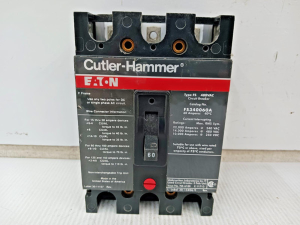 Eaton 60 Amp Circuit Breaker 3 Pole 480 VAC / 250 VDC 14kA FS340060A *Flaw*