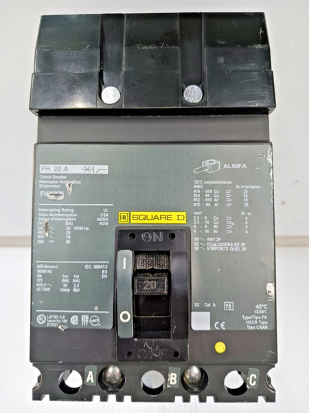 New Square D 20 Amp I-Line Circuit Breaker 600 VAC / 250 VDC 3 Pole 25kA FH36020 New Square D 20 Amp I-Line Circuit Breaker 600 VAC / 250 VDC 3 Pole 25kA FH36020