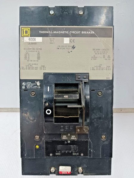 Square D 400 Amp Thermal-Magnetic Circuit Breaker 3 Pole 600 VAC 30kA LAL36400 Square D 400 Amp Thermal-Magnetic Circuit Breaker 3 Pole 600 VAC 30kA LAL36400