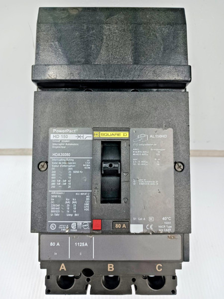 Square D PowerPact 150 Amp I-Line Circuit Breaker 3 Pole 600 VAC 18kA HDA36080 Square D PowerPact 150 Amp I-Line Circuit Breaker 3 Pole 600 VAC 18kA HDA36080