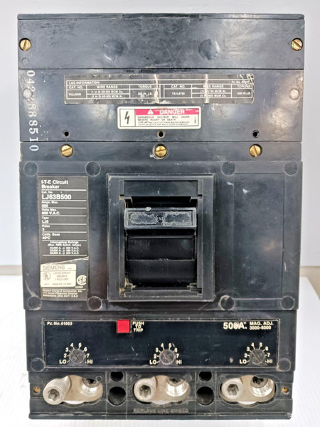 Siemens ITE 500 Amp Circuit Breaker 3 Pole 600 VAC 35kA LJ63B500 Siemens ITE 500 Amp Circuit Breaker 3 Pole 600 VAC 35kA LJ63B500