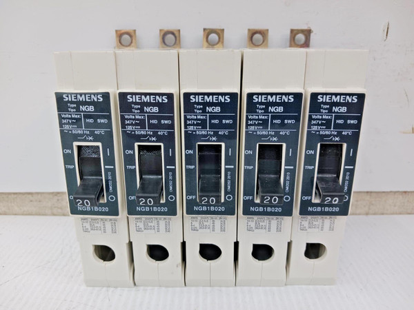 Lot Of 5) Siemens 20 Amp Circuit Breaker 1 Pole 347 VAC / 125 VDC 25kA NGB1B020 Lot Of 5) Siemens 20 Amp Circuit Breaker 1 Pole 347 VAC / 125 VDC 25kA NGB1B020