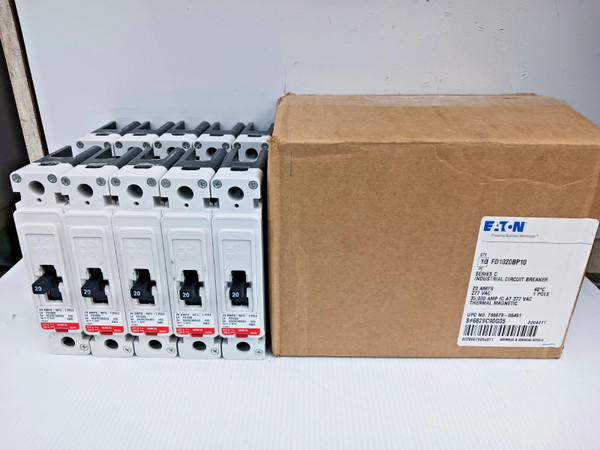 Box Of 10) New Eaton 20 Amp Bolt-On Circuit Breaker 1 Pole 277 VAC 35kA FD1020 Box Of 10) New Eaton 20 Amp Bolt-On Circuit Breaker 1 Pole 277 VAC 35kA FD1020