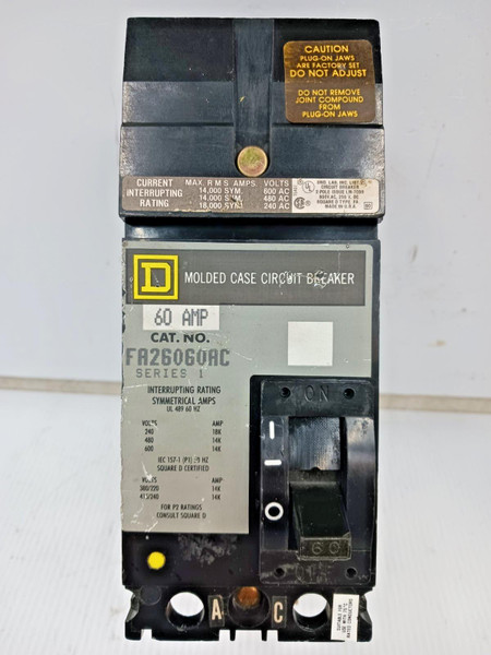 Square D 60 Amp I-Line Molded Case Circuit Breaker 2 Pole 600 VAC FA26060AC Square D 60 Amp I-Line Molded Case Circuit Breaker 2 Pole 600 VAC FA26060AC