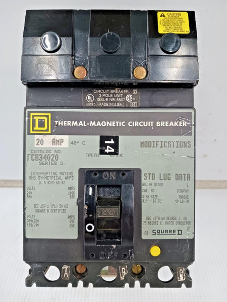 Square D 20 Amp I-Line Thermal-Magnetic Circuit Breaker 3 Pole 480 VAC FCB34020 Square D 20 Amp I-Line Thermal-Magnetic Circuit Breaker 3 Pole 480 VAC FCB34020