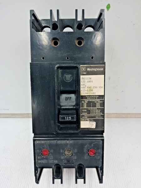 Westinghouse 125 Amp Circuit Breaker 2 Pole 600 VAC / 250 VDC JB2125W *Flawed*