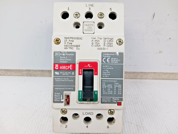 Cutler Hammer 15 Amp Motor Circuit Protector 3 Pole 600Y/347 VAC HMCPE015E0C