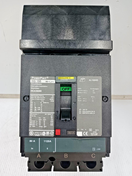New Square D PowerPact 80 Amp I-Line Circuit Breaker 3 Pole 600 VAC HGA36080