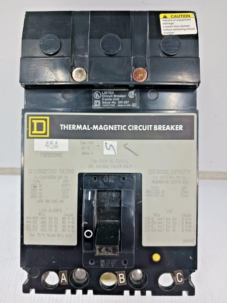 Square D 45 Amp I-Line Thermal Magnetic Circuit Breaker 3 Pole 600 VAC FHB36045