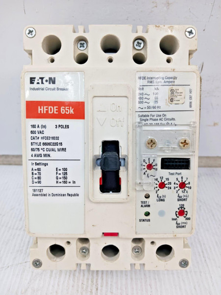 Eaton 160 Amp Industrial Circuit Breaker 3 Pole 600 VAC 65kA HFDE316032