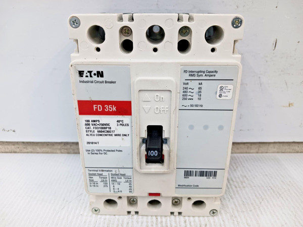 Eaton 100 Amp Industrial Circuit Breaker 3P 600 VAC / 250 VDC FD3100BP10 *Flaw*