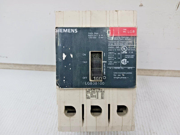 Siemens 100 Amp Bolt-On Circuit Breaker 3 Pole 600Y/347 VAC 65kA LGB3B100