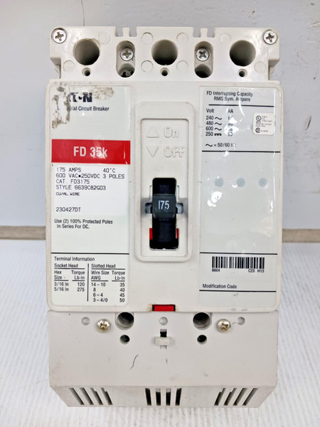 Eaton 175 Amp Industrial Circuit Breaker 3 Pole 600 VAC / 250 VDC 35kA FD3175
