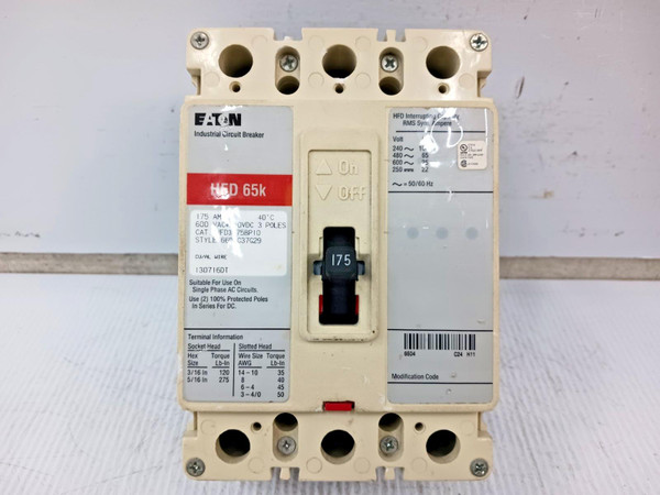 Eaton 175 Amp Industrial Circuit Breaker 3 Pole 600 VAC 65kA HFD3175BP10 (Flaw)