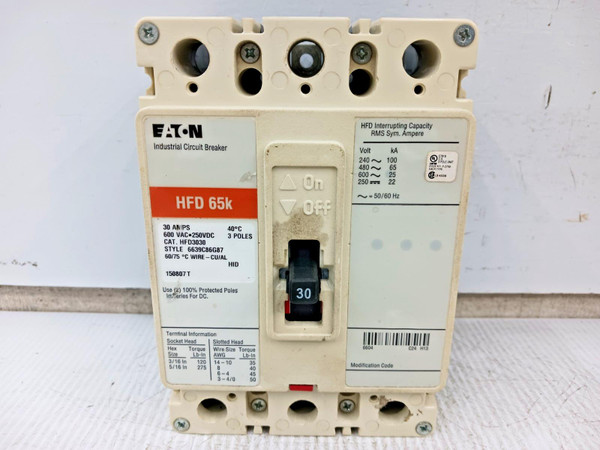 Eaton 30 Amp Industrial Circuit Breaker 3 Pole 600 VAC 65kA HFD3030 *Flaw*