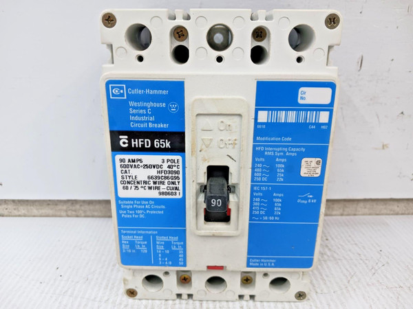 Cutler Hammer 90 Amp Circuit Breaker 3 Pole 600 VAC / 250 VDC 65kA HFD3090