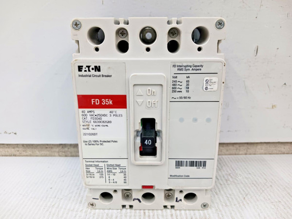 Eaton 40 Amp Industrial Circuit Breaker 3 Pole 600 VAC / 250 VDC 35kA FD3040