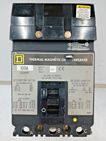 Square D 100 Amp I-Line Thermal Magnetic Circuit Breaker 3P 480V FA34100 *Flaw*