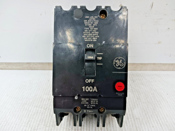 GE 100 Amp Bolt-On Circuit Breaker 3 Pole 480/277 VAC 14kA TEY3100