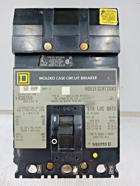 Square D 50 Amp I-Line Molded Case Circuit Breaker 3 Pole 600 VAC FH36050