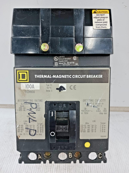 Square D 100 Amp I-Line Thermal-Magnetic Circuit Breaker 3 Pole 480 VAC FC34100