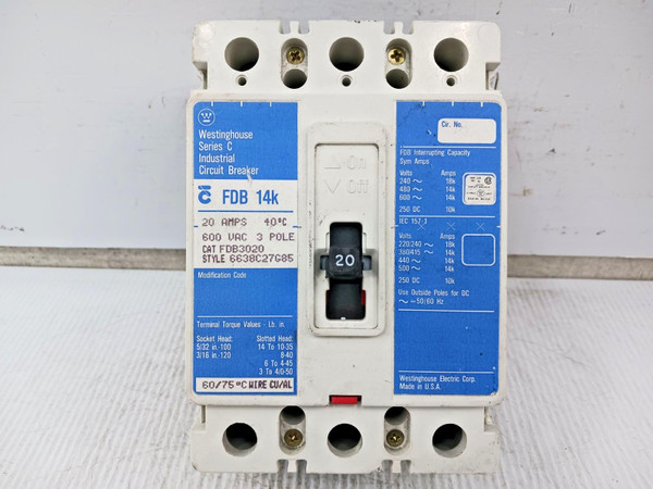 Westinghouse 20 Amp Industrial Circuit Breaker 3 Pole 600 VAC 14kA FDB3020