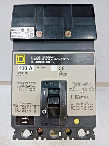 Square D 100 Amp I-Line Circuit Breaker 3 Pole 480 VAC 65kA FC34100